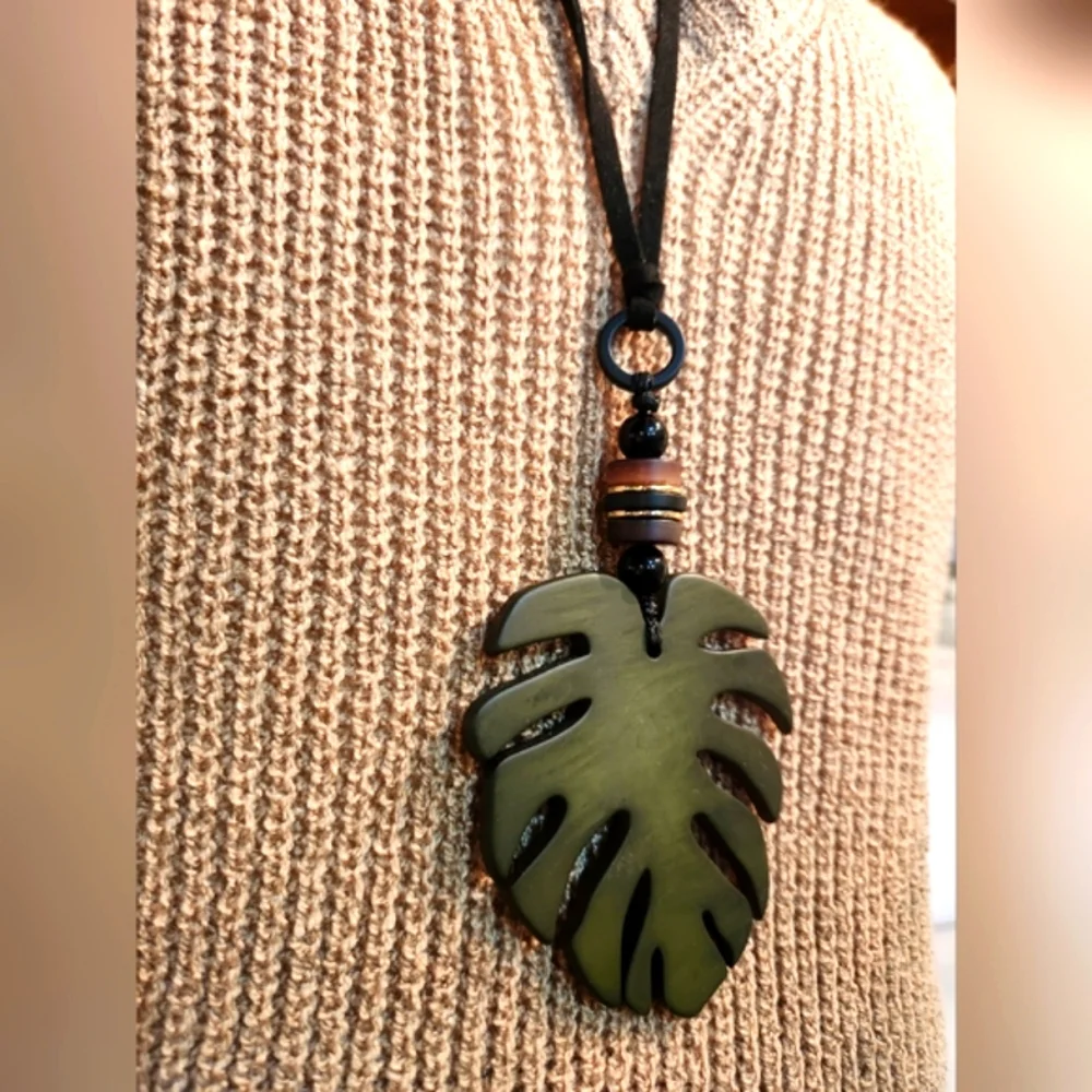 🪴Monstera Leaf Pendant Necklace on Black Cord🪴 - Picture 8 of 12